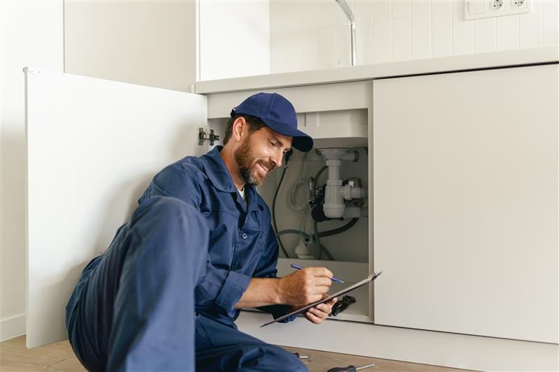 Residential plumber reviewing plumbing repairs in a Morgan Hill kitchen
