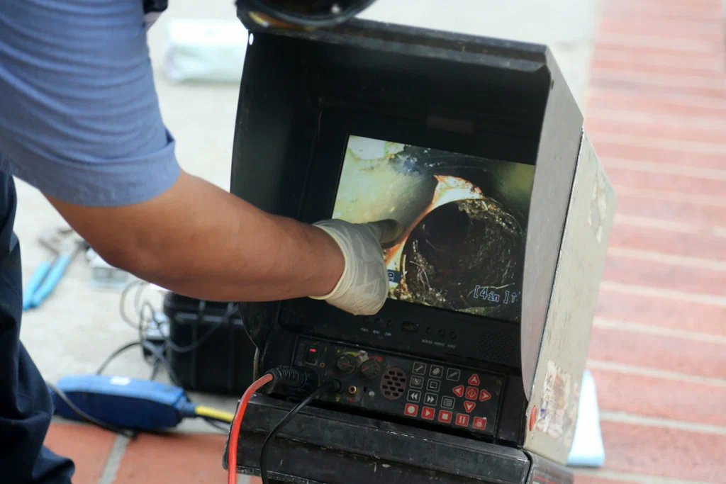 Technician viewing a drain inspection camera in Morgan Hill