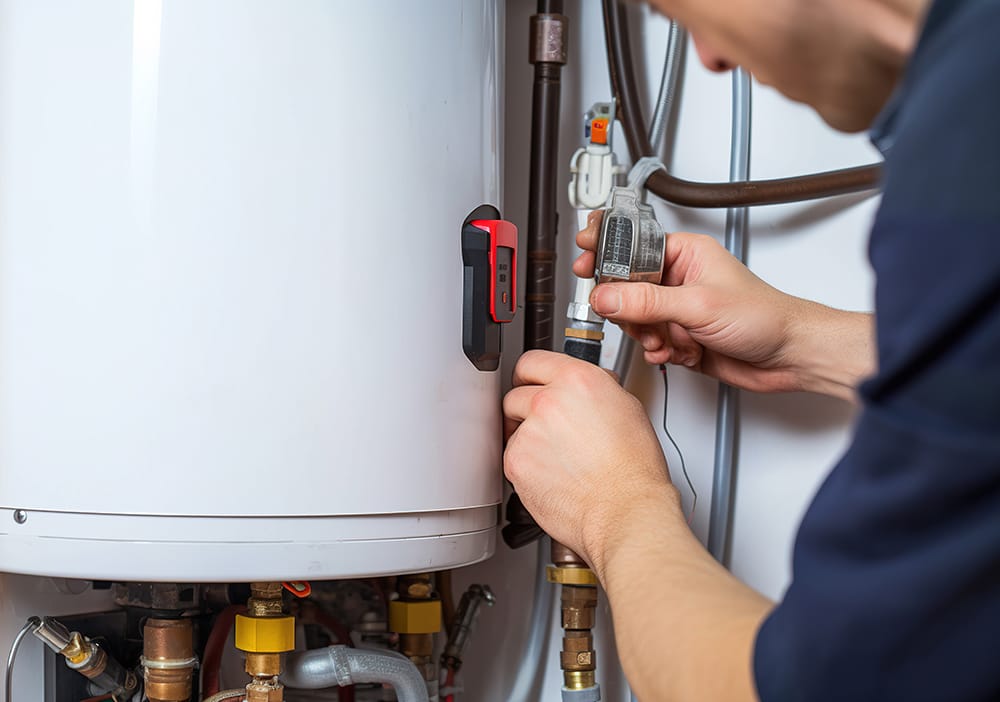 Technician repairing pipes connected to a water heater in Morgan Hill